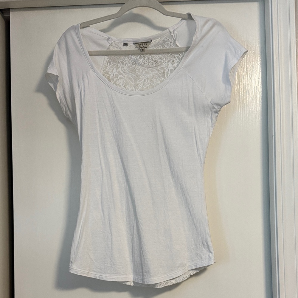 Guess White Lace Detail Short Sleeve Top